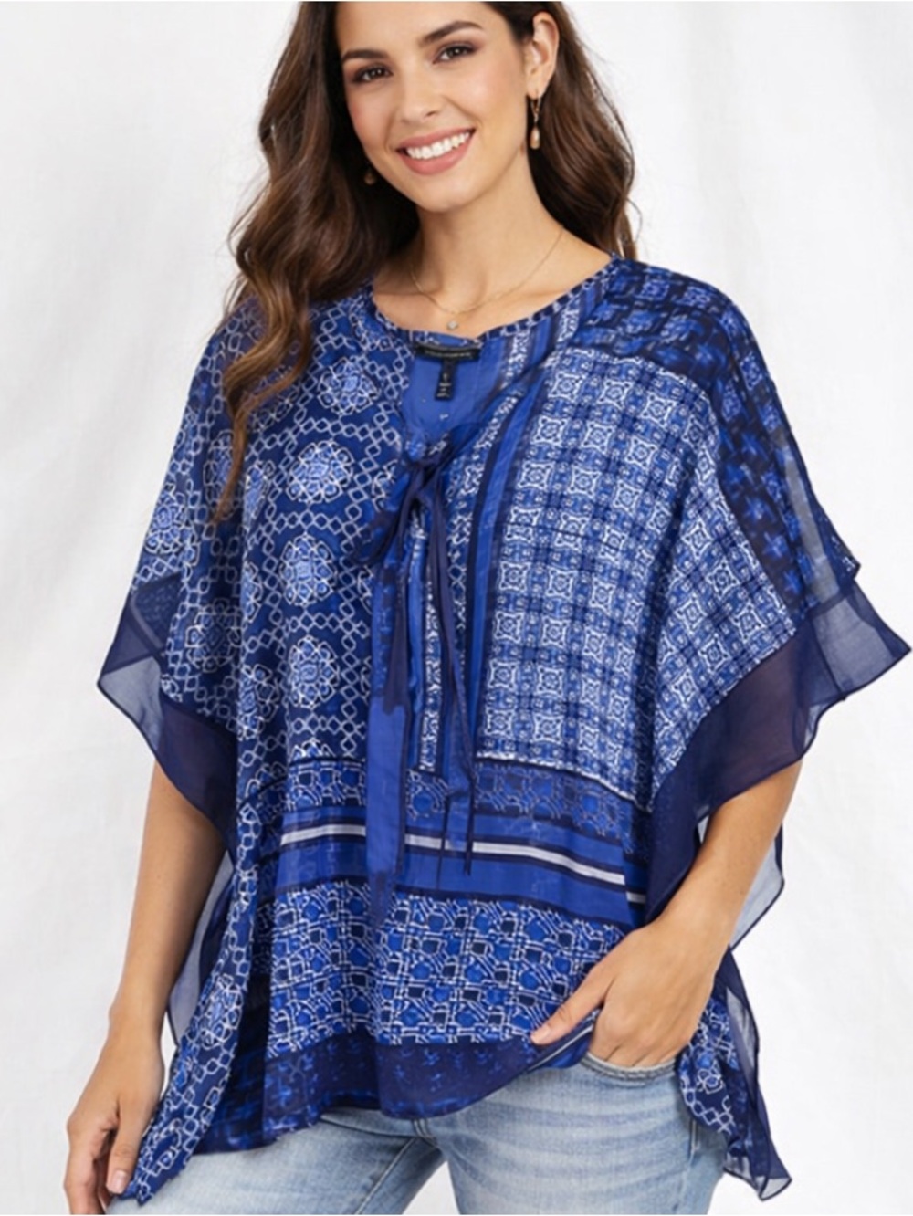 Allison Brittney Blue Boho Sheer Poncho Blouse Kimono Top S